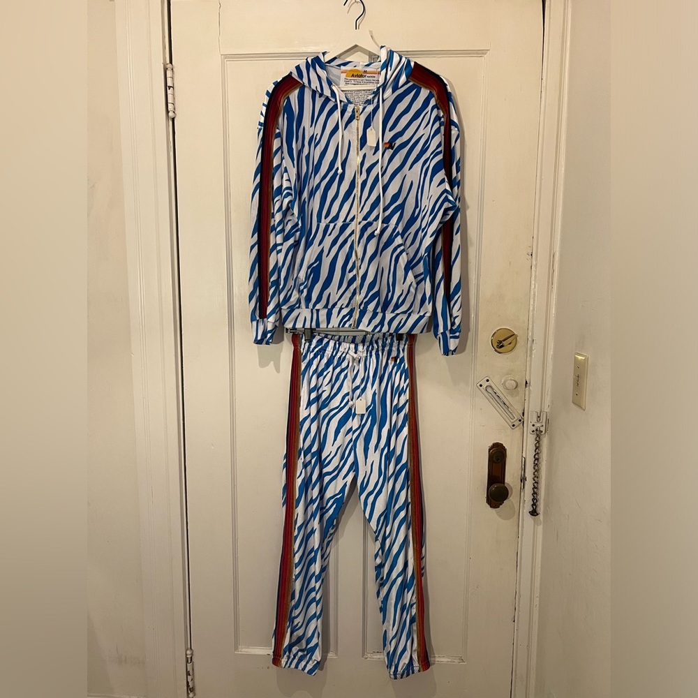 AVIATOR NATION UNISEX VELVET RELAXED ZIP HOODIE & SWEATPANTS SET- BLUE TIGER